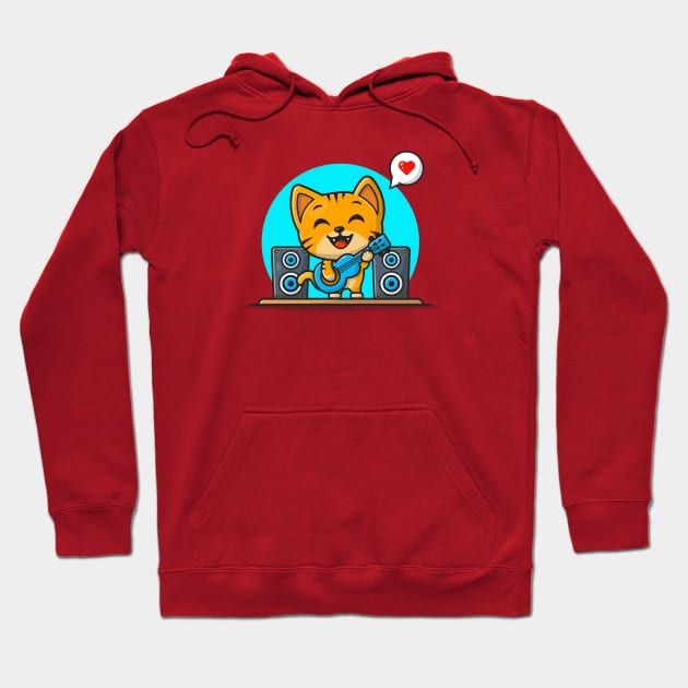 Cute Cat Playing Guitar Cartoon Vector Icon Illustration Hoodie by Catalyst Labs